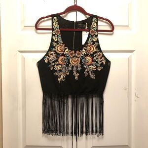 New Friends Colony Embroidered Fringe Crop Top